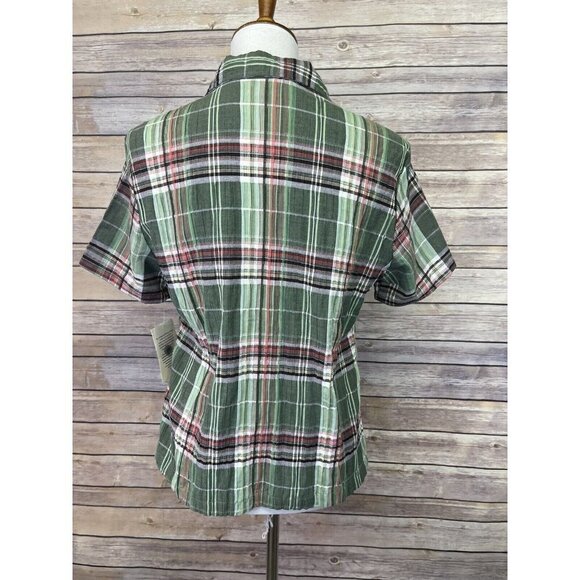 Baxter & Wells Small NWT Plaid Button Front Blouse Green Pink Short Sleeve Top - Picture 5 of 10
